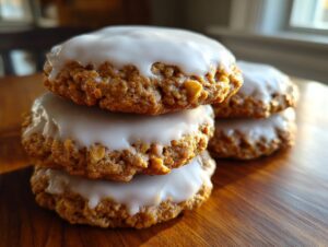 A close-up stack of three soft iced oatmeal cookies topped with thick white glaze, sitting on a wooden surface.