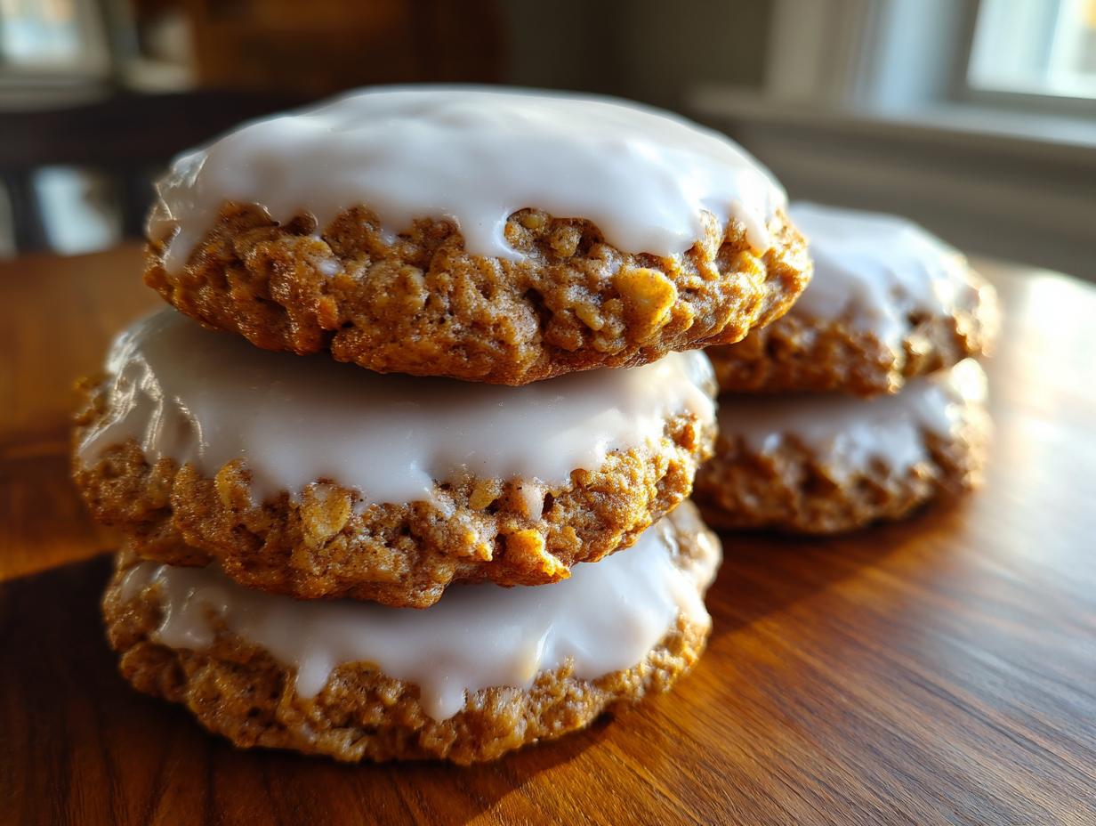 A close-up stack of three soft iced oatmeal cookies topped with thick white glaze, sitting on a wooden surface.