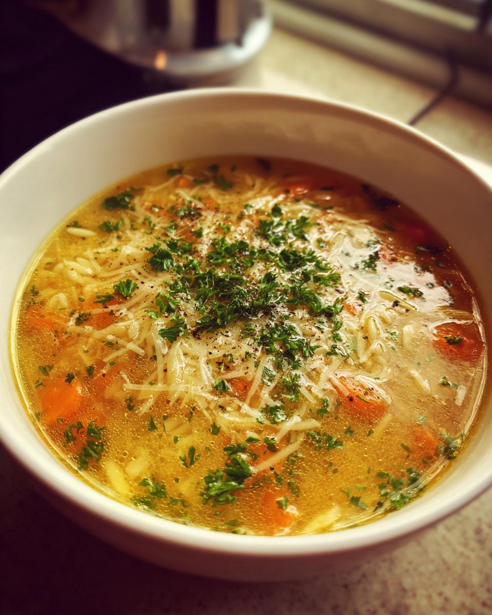 A comforting bowl of Italian penicillin soup featuring clear broth, noodles, carrots, topped with shredded cheese, fresh parsley, and pepper.