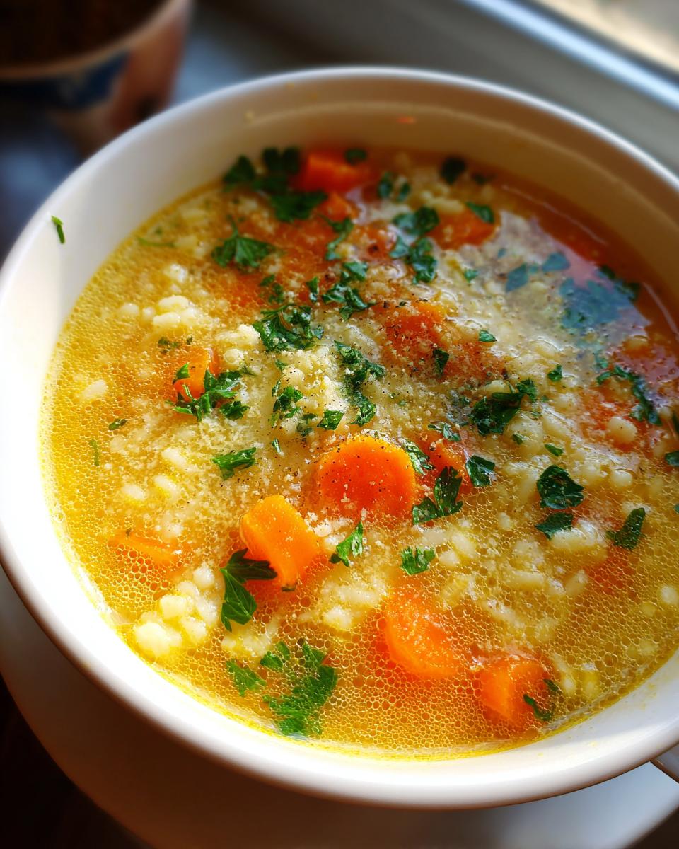 Close-up of a warm bowl of Italian penicillin soup featuring broth, rice, sliced carrots, and fresh parsley garnish.