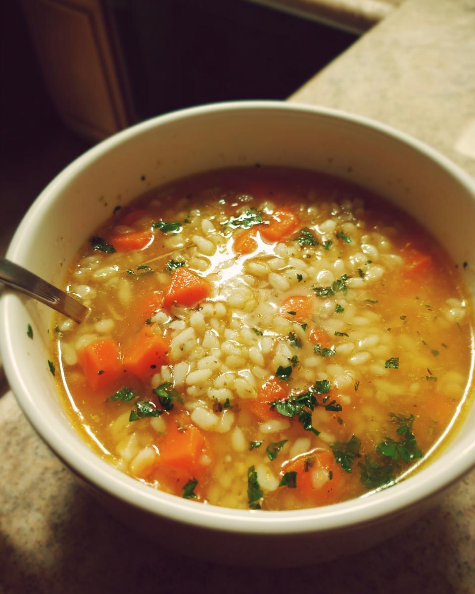 Close-up of a warm bowl of italian penicillin soup featuring broth, rice or small pasta, diced carrots, and parsley.