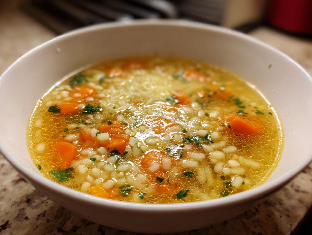 A close-up, featured image of a bowl of warm Italian penicillin soup featuring small pasta, sliced carrots, and parsley garnish.