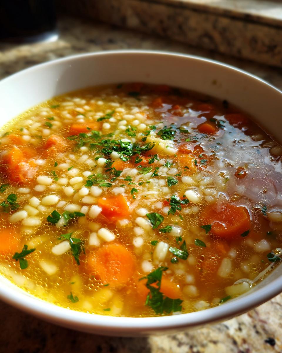 A close-up of a white bowl filled with warm italian penicillin soup, featuring small pasta orzo, bright orange carrots, and fresh parsley garnish.