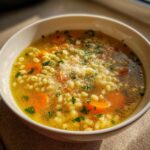 Close-up of a warm bowl of italian penicillin soup featuring small pasta shapes, sliced carrots, and grated cheese.