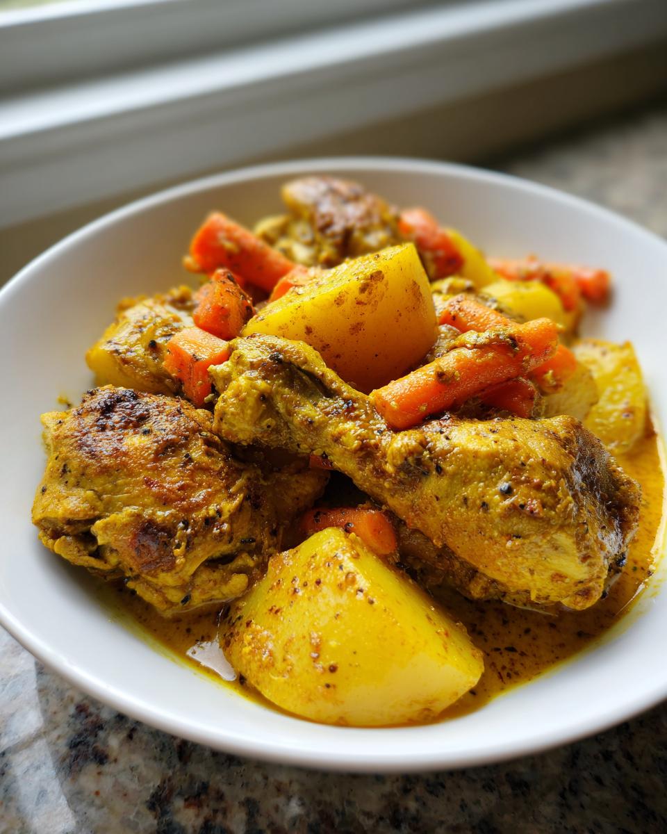 A close-up of Jamaican curry chicken pieces served in a white bowl with chunks of yellow potato and bright orange carrots.