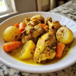 A close-up of a white bowl filled with rich, yellow Jamaican curry chicken pieces, potatoes, and carrots in a savory sauce.