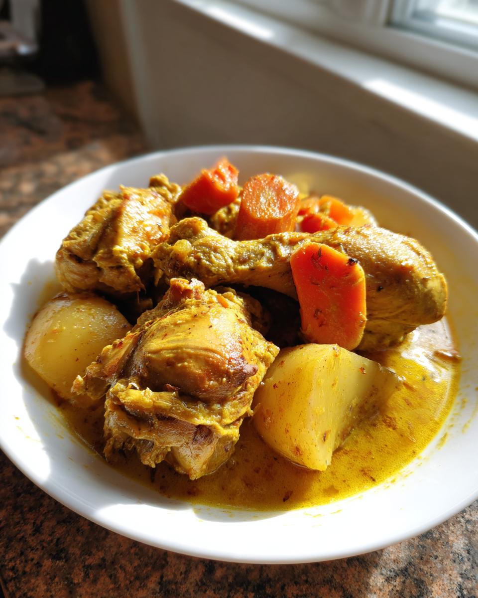 Close-up of a white bowl filled with vibrant yellow Jamaican curry chicken pieces, potatoes, and carrots in a rich sauce.