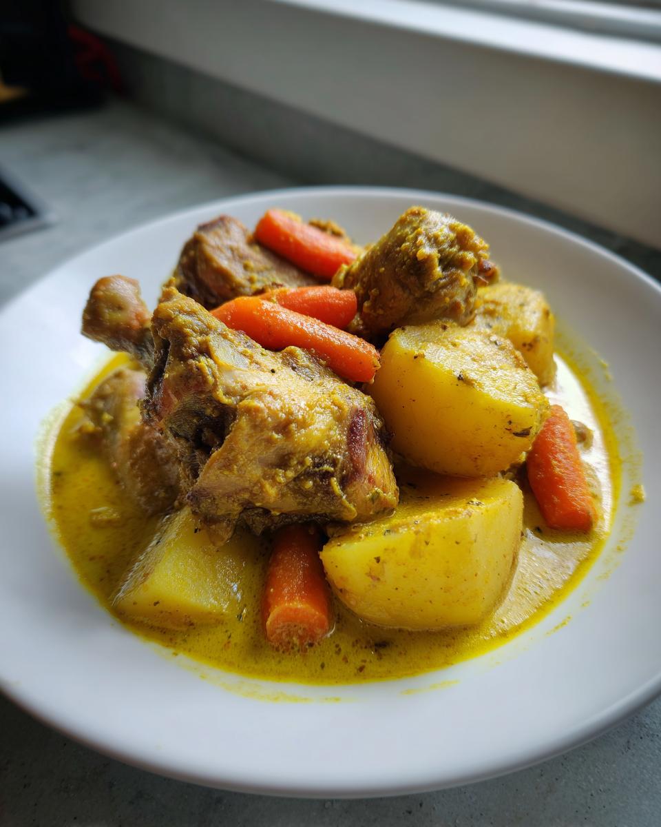 Close-up of a serving of Jamaican curry chicken with chunks of potato and bright orange carrots in a rich yellow curry sauce.
