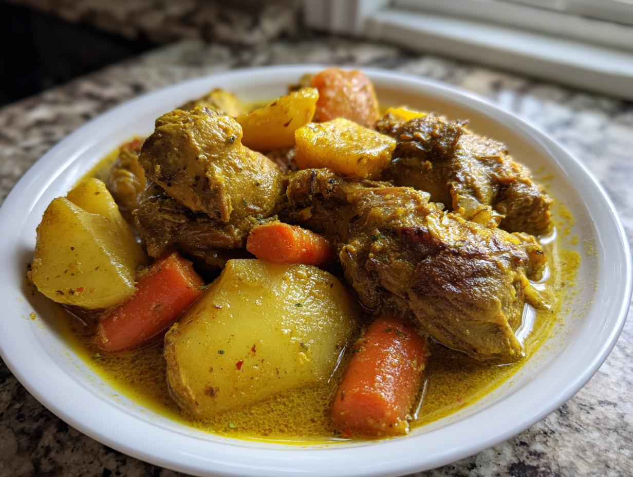Close-up of a white bowl filled with vibrant Jamaican curry chicken, potatoes, and carrots in a rich yellow sauce.