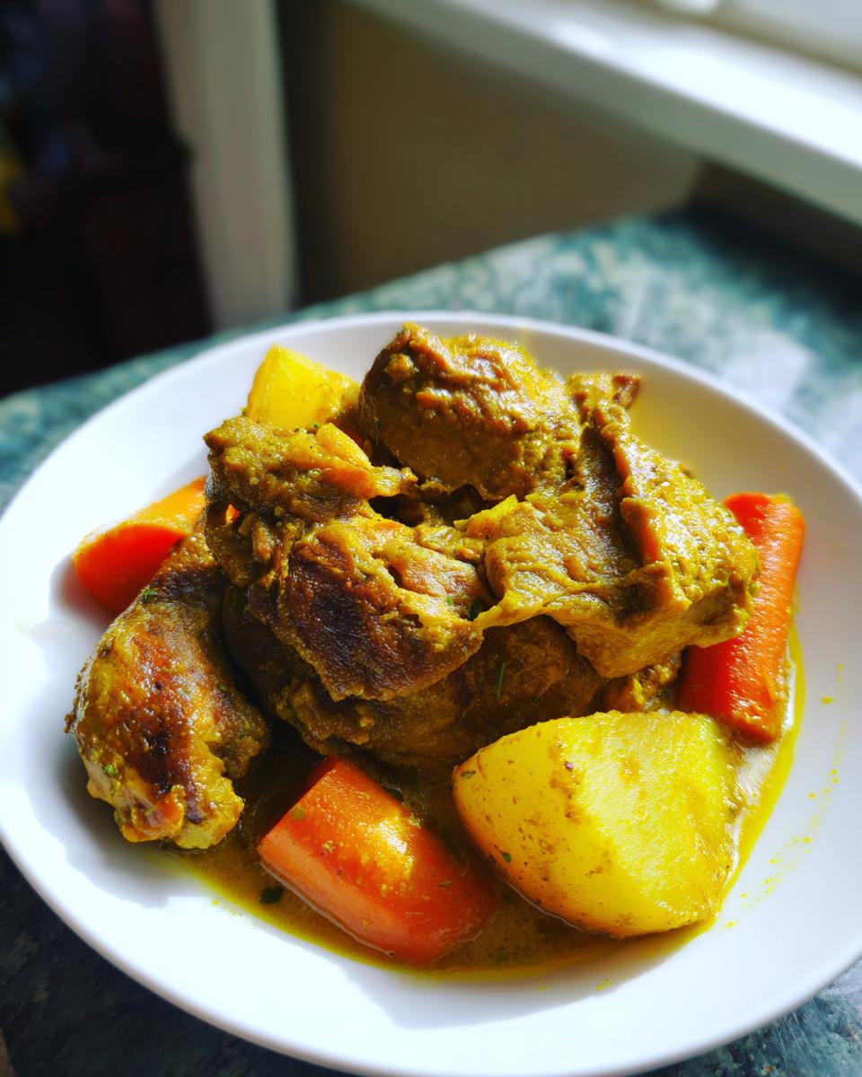 A close-up of flavorful Jamaican curry chicken served with chunks of potato and bright orange carrots in a rich yellow sauce.