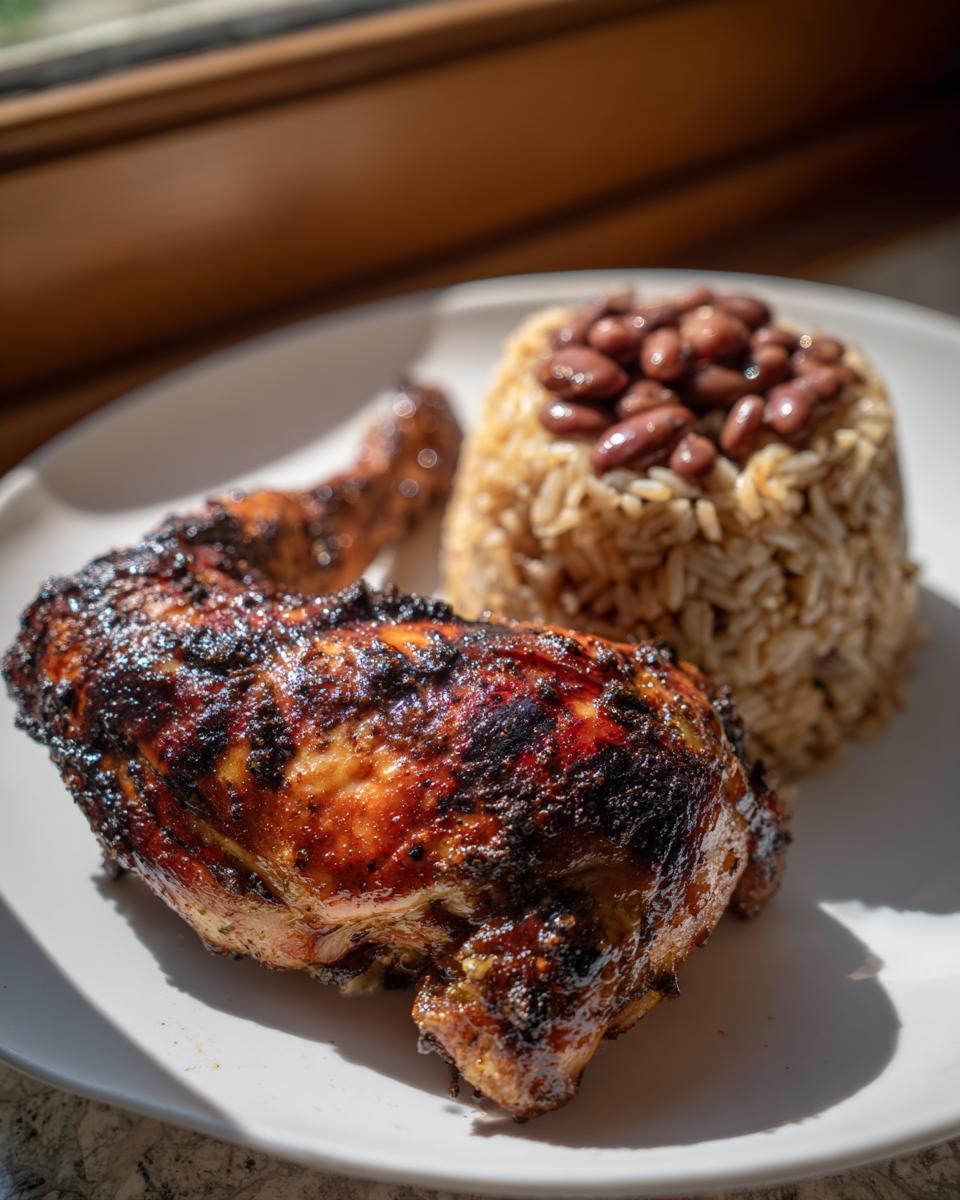 Close-up of a piece of charred Jamaican jerk chicken served with a side of rice and peas.