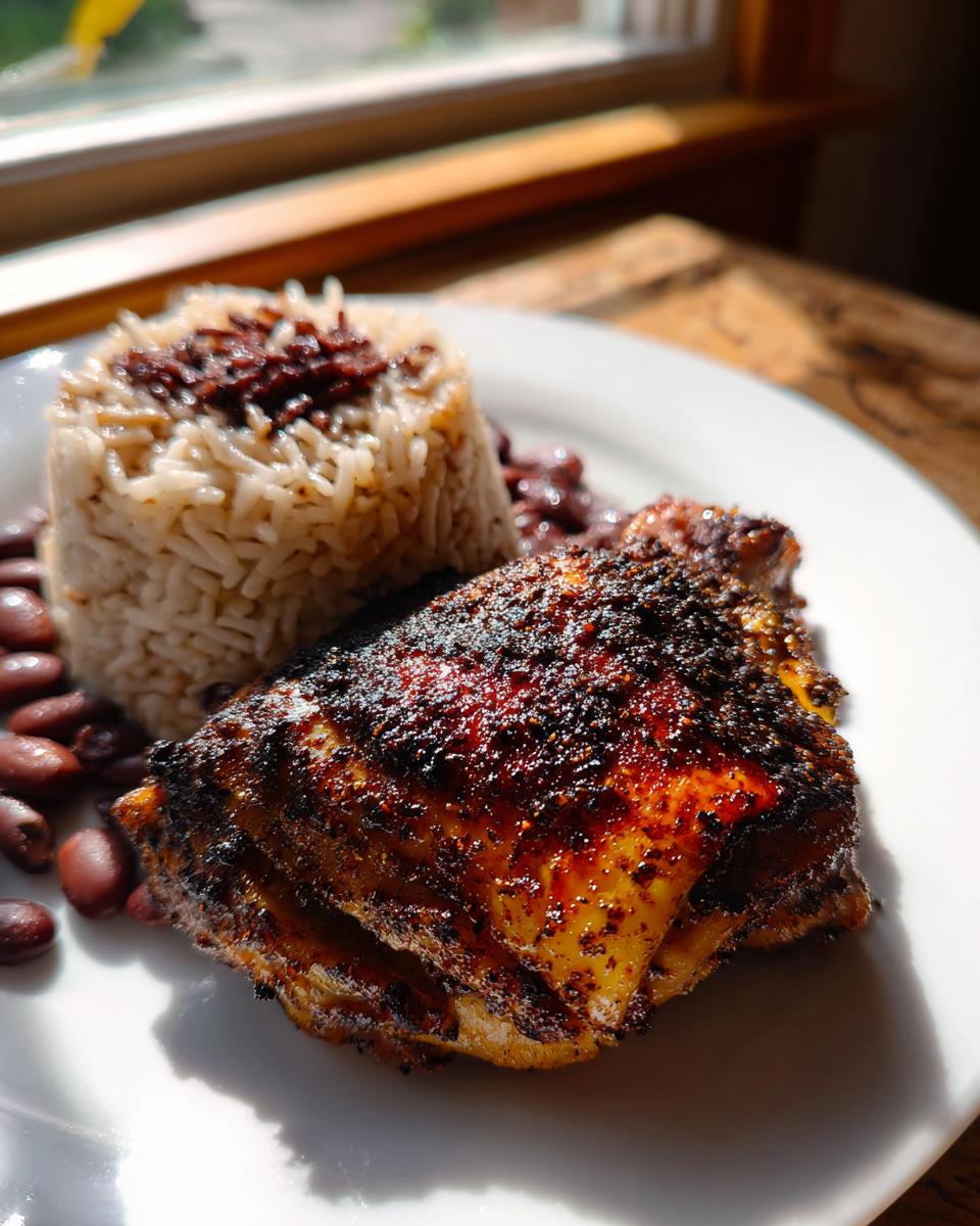 A piece of beautifully charred Jamaican jerk chicken served with rice and peas on a white plate.