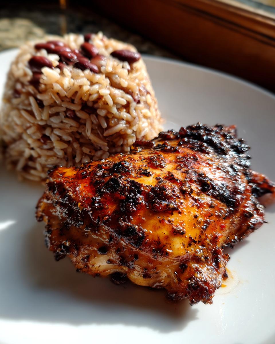 A close-up of perfectly cooked Jamaican jerk chicken thigh with a dark, spiced crust served next to a mound of rice and peas.