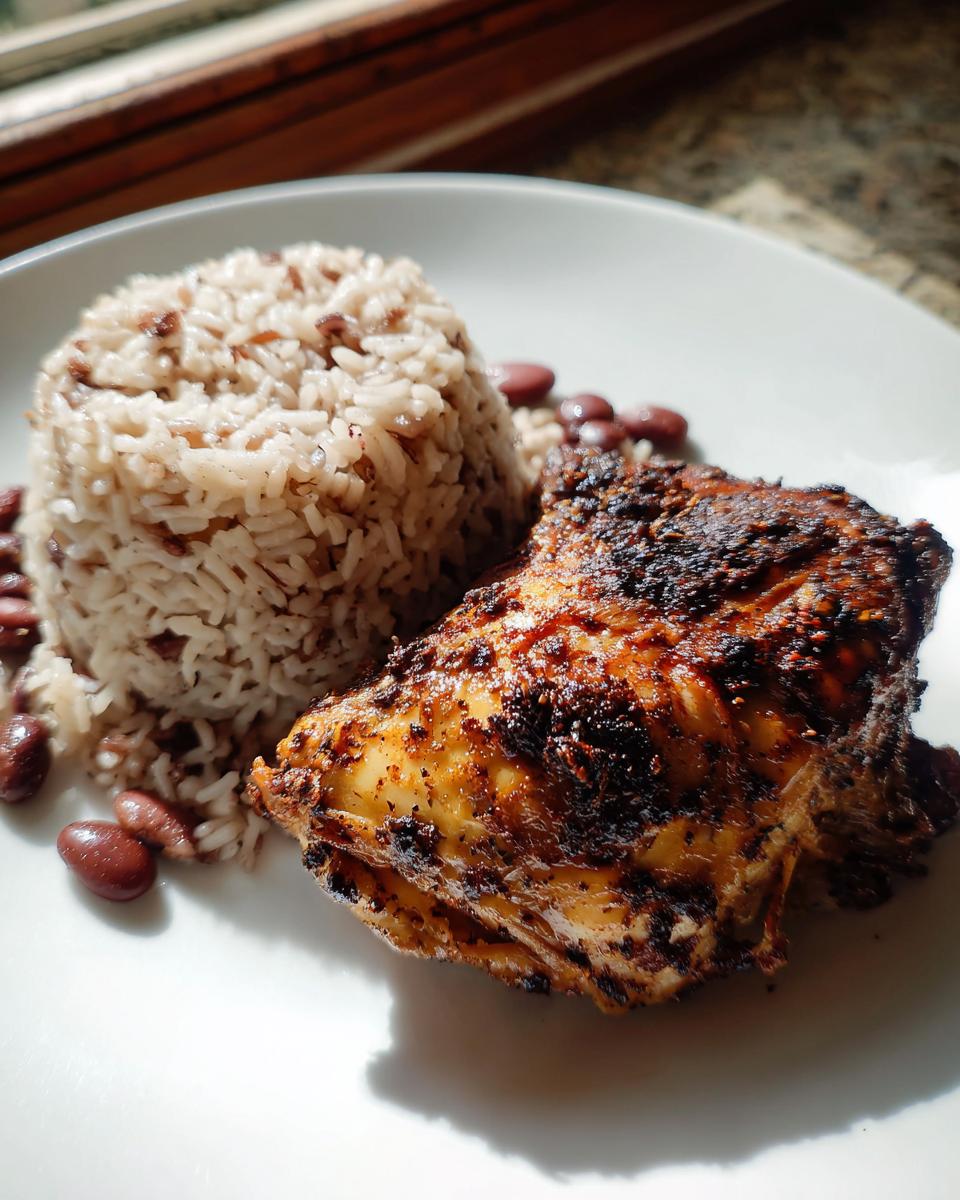 A close-up of flavorful Jamaican jerk chicken served with a mound of rice and peas on a white plate.
