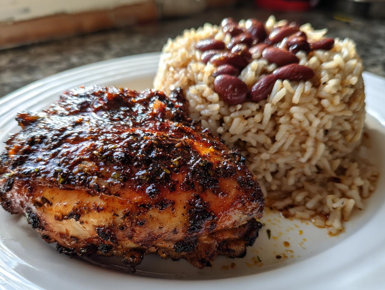 A close-up of glazed Jamaican jerk chicken served next to a mound of rice and peas.