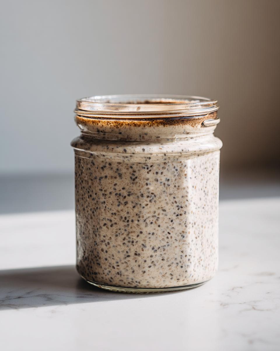A glass jar filled with creamy, speckled chia seed pudding sits on a white marble surface.