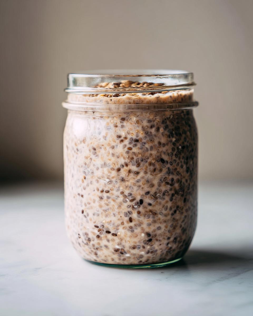 A clear glass jar filled with creamy, prepared chia seed pudding showing soaked chia seeds.