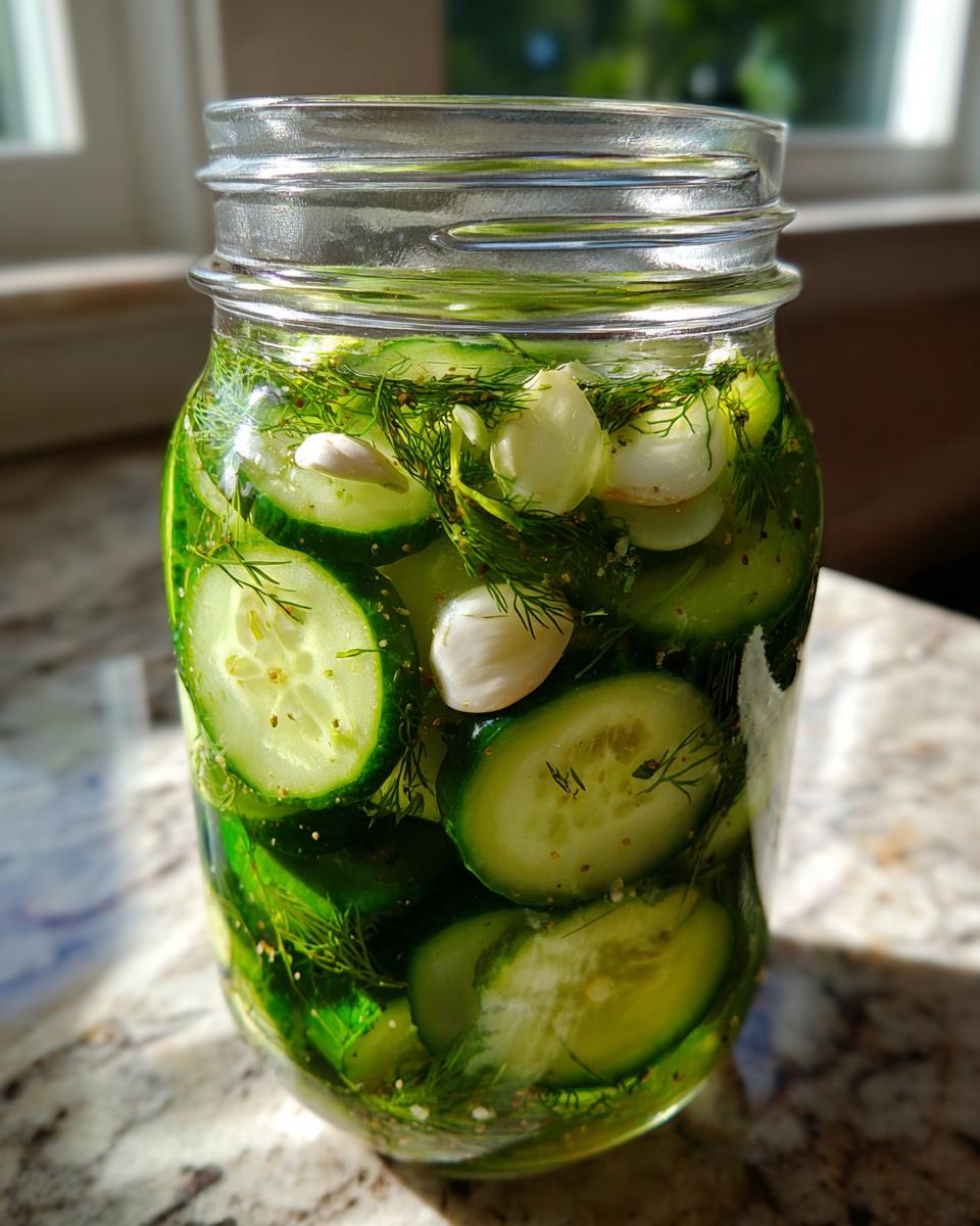 Close-up of sliced cucumbers, garlic cloves, and dill steeping in liquid for refrigerator pickles.