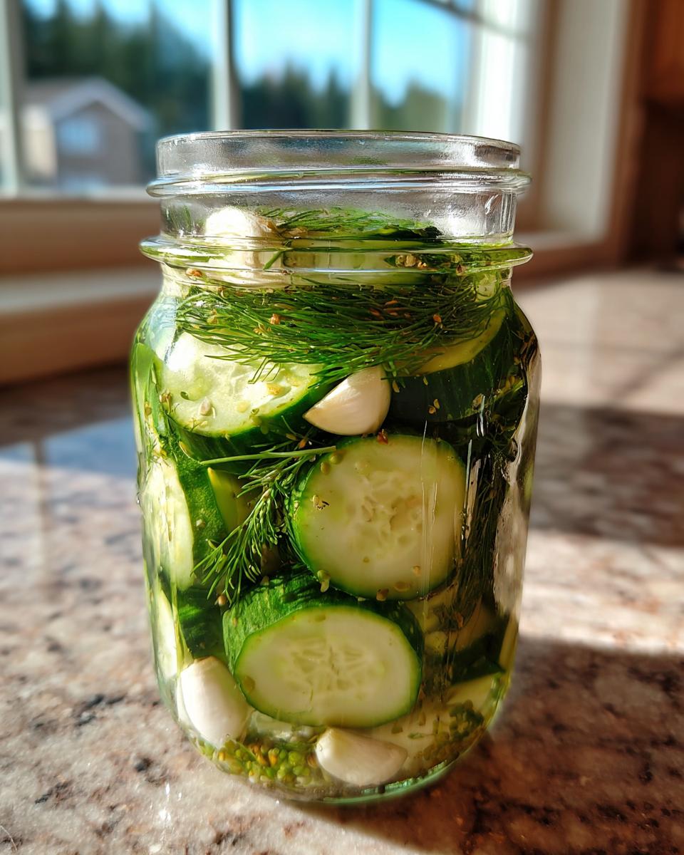 A glass jar filled with sliced cucumbers, fresh dill, garlic cloves, and spices for making refrigerator pickles.