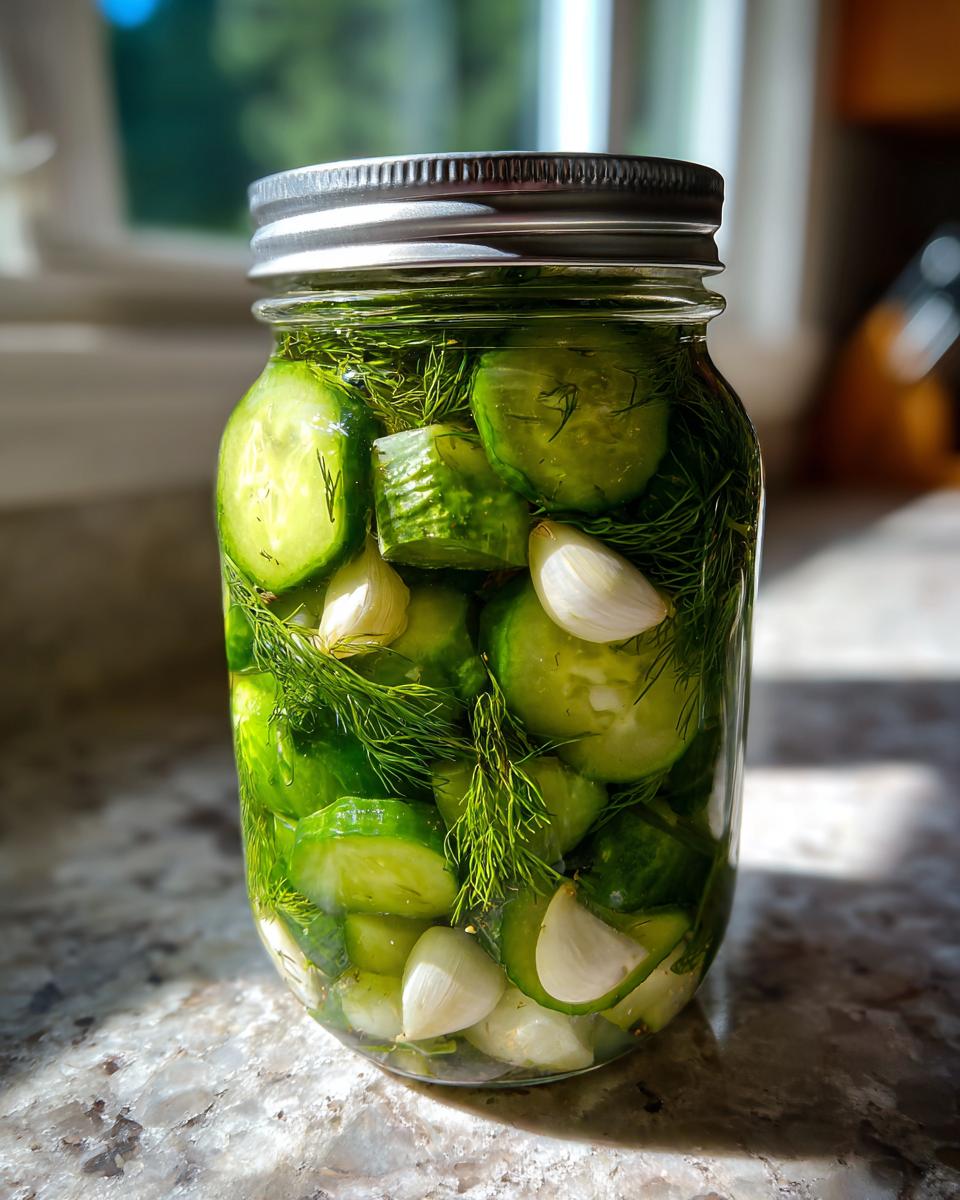 A glass jar filled with sliced cucumbers, fresh dill, and garlic cloves for making refrigerator pickles.