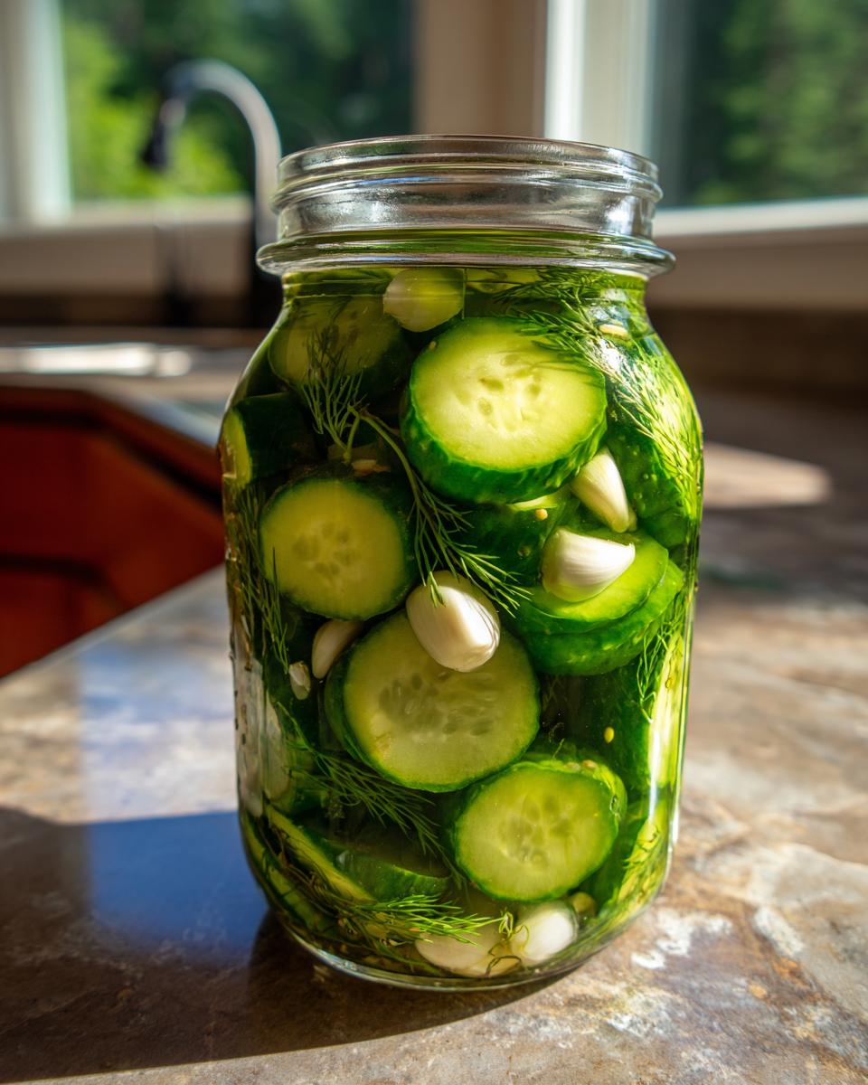 Close-up of a glass jar filled with sliced cucumbers, fresh dill, and garlic cloves for making refrigerator pickles.