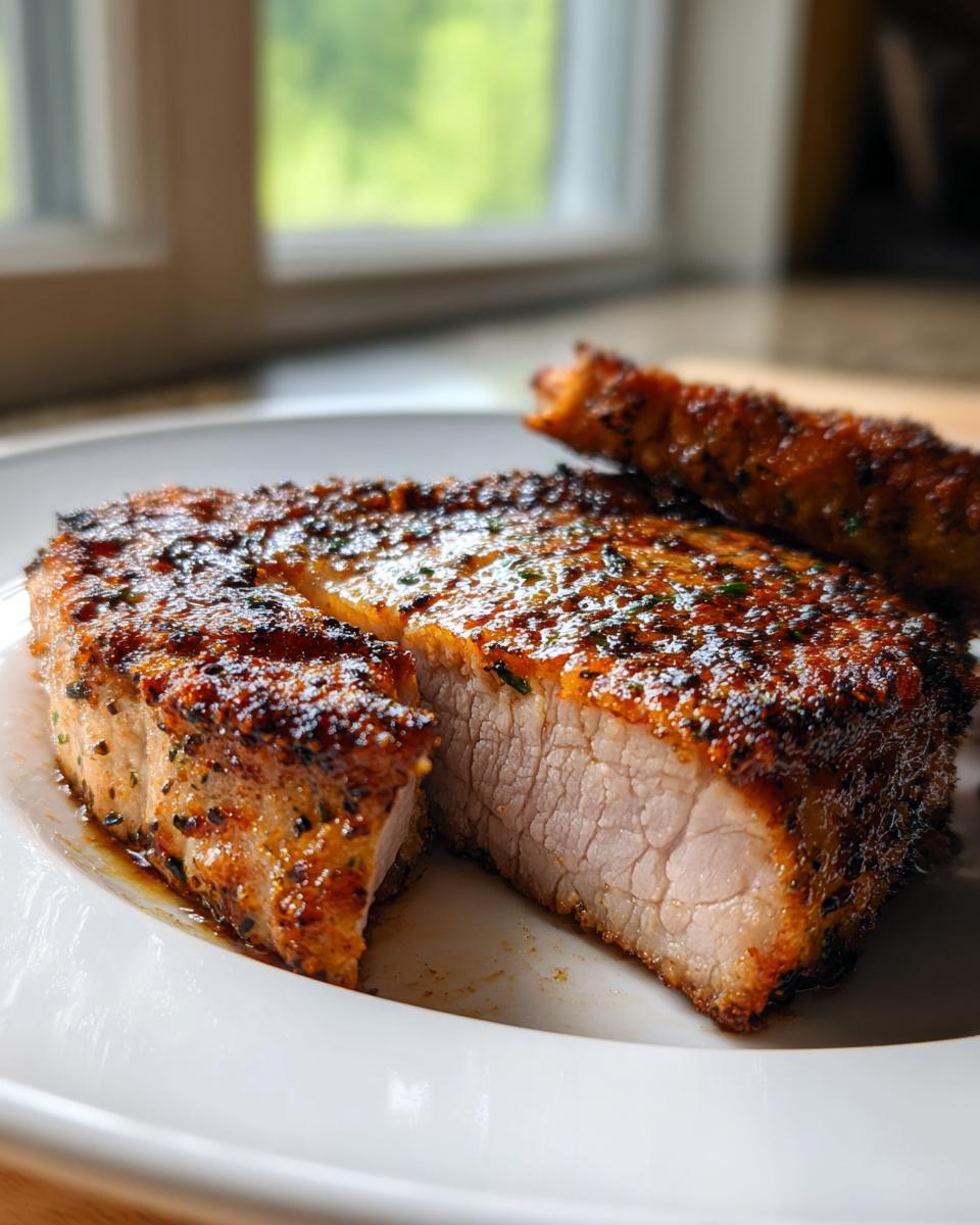 Close-up of a thick, juicy air fryer pork chop cut in half showing perfectly cooked interior and seasoned crust.