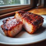 Two thick, juicy air fryer pork chops, cut to show the perfectly cooked interior and seasoned crust.