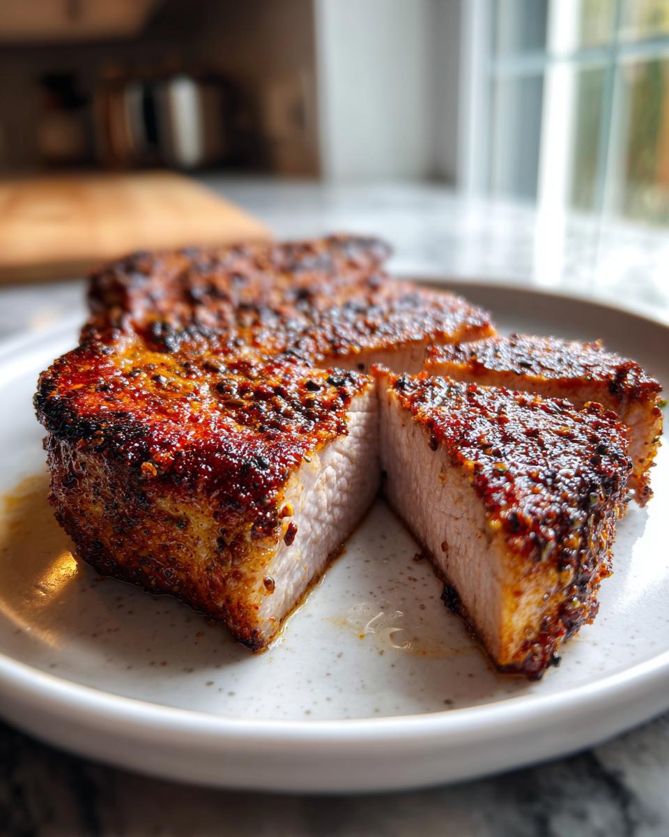 Close-up of a perfectly cooked, thick air fryer pork chop, sliced to show the juicy interior and seasoned crust.