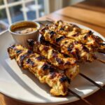 Close-up of grilled chicken satay skewers on a white plate next to a small bowl of peanut sauce.