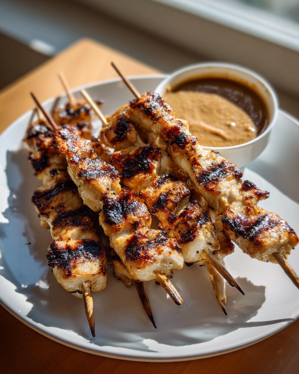 Close-up of grilled chicken satay skewers on a white plate next to a small bowl of peanut sauce.