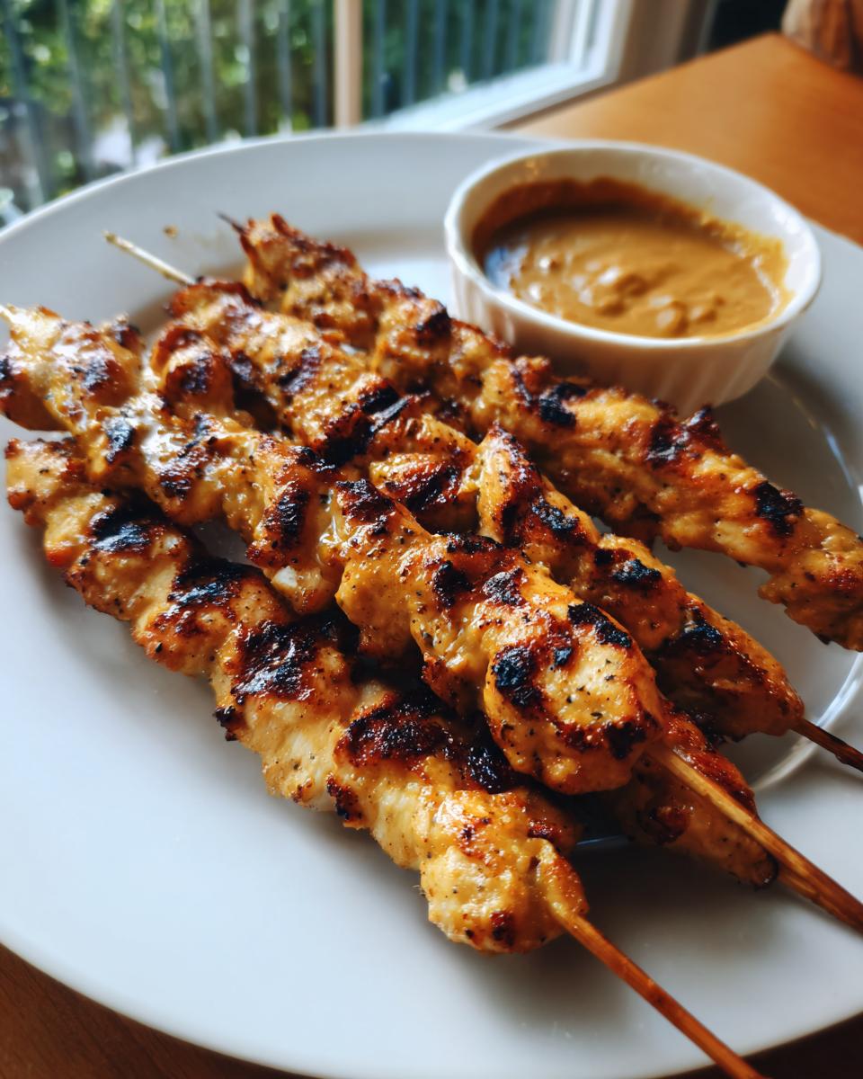 Close-up of four grilled chicken satay skewers served on a white plate next to a small bowl of peanut sauce.