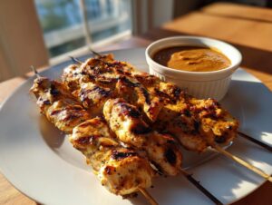 Four skewers of juicy grilled chicken satay served on a white plate next to a small bowl of peanut dipping sauce.