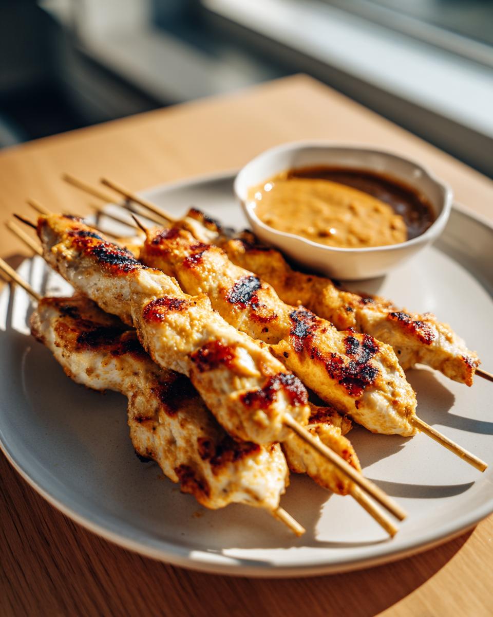 Close-up of grilled chicken satay skewers served on a plate next to a small bowl of peanut dipping sauce.