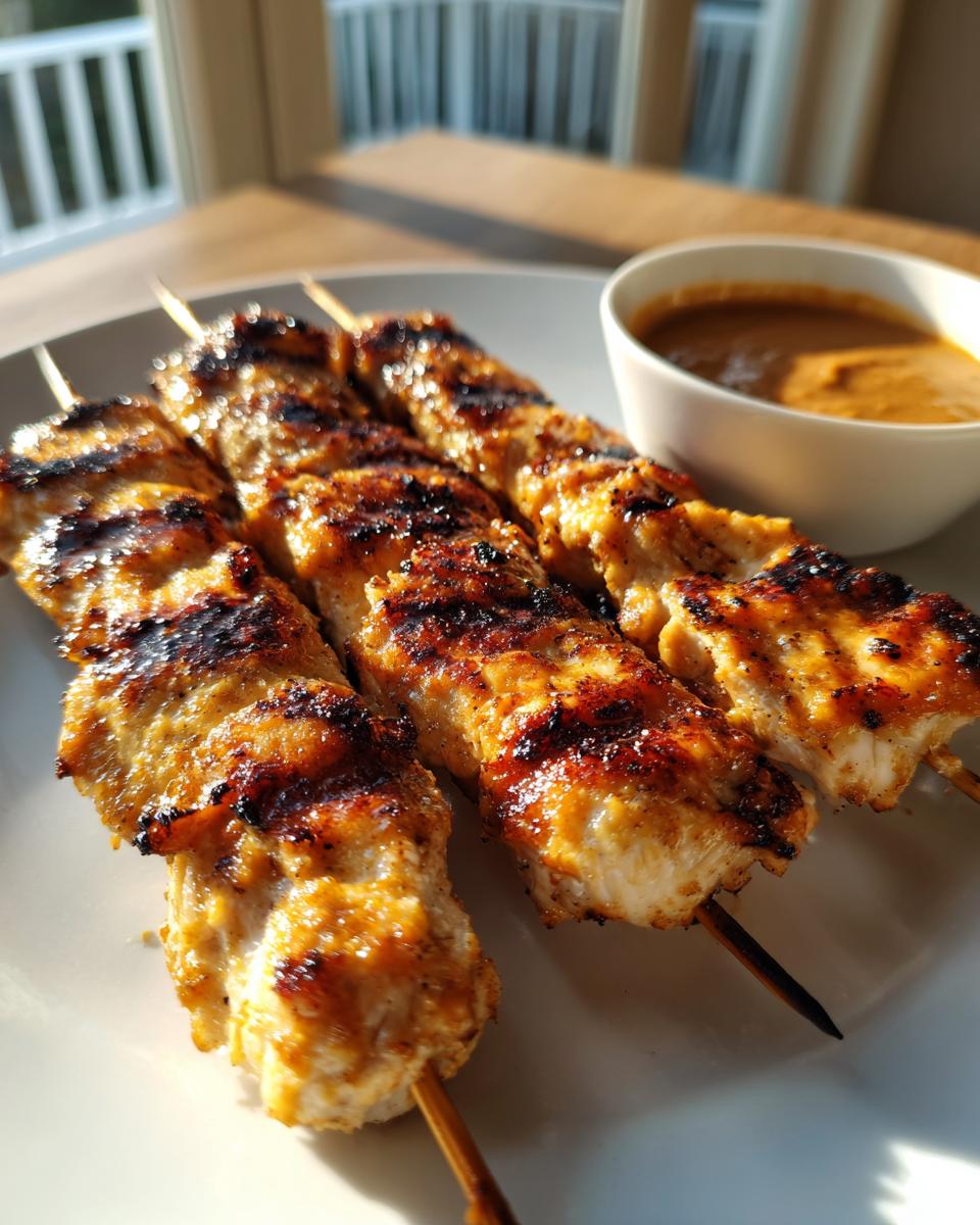 Three skewers of perfectly grilled, slightly charred chicken satay served on a white plate next to a small bowl of peanut sauce.