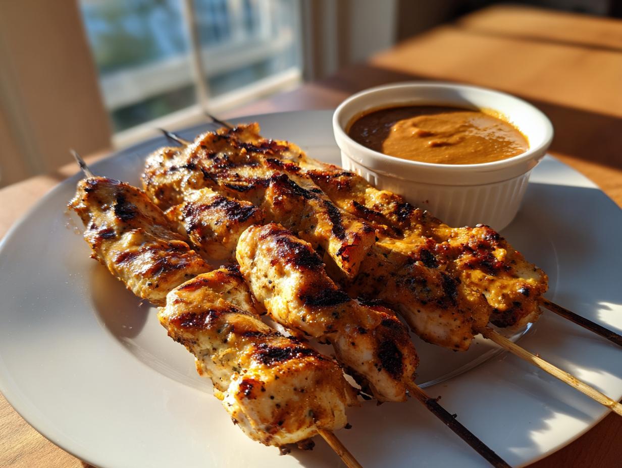 Four skewers of juicy grilled chicken satay served on a white plate next to a small bowl of peanut dipping sauce.