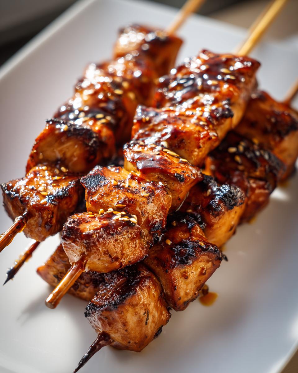 Close-up of several juicy honey garlic chicken skewers, glazed and sprinkled with sesame seeds, resting on a white plate.