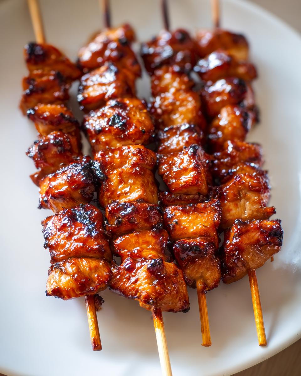 Close-up of several freshly grilled honey garlic chicken skewers with a dark, sticky glaze on a white plate.