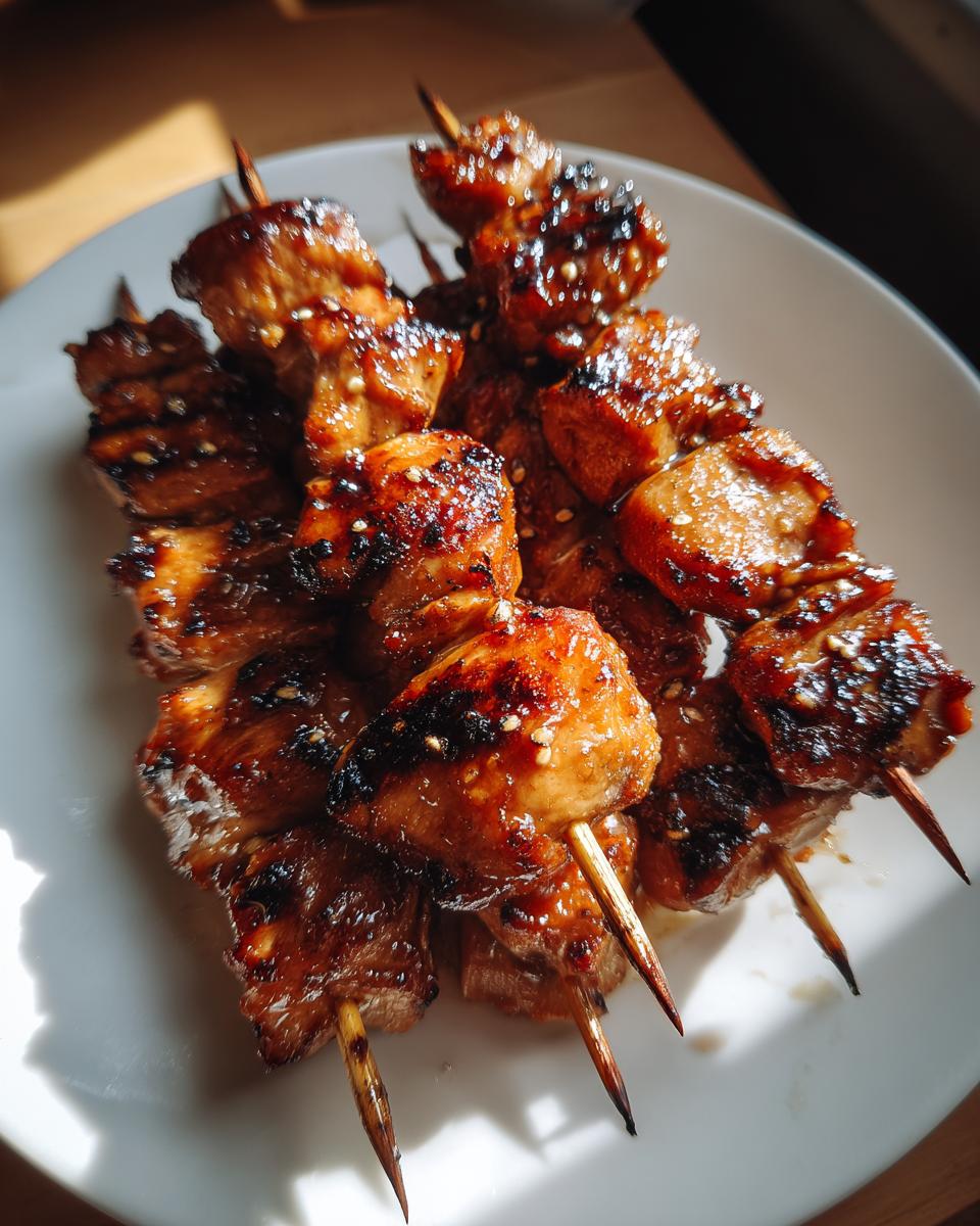 Close-up of several juicy honey garlic chicken skewers with a dark, caramelized glaze and sesame seeds, resting on a white plate.