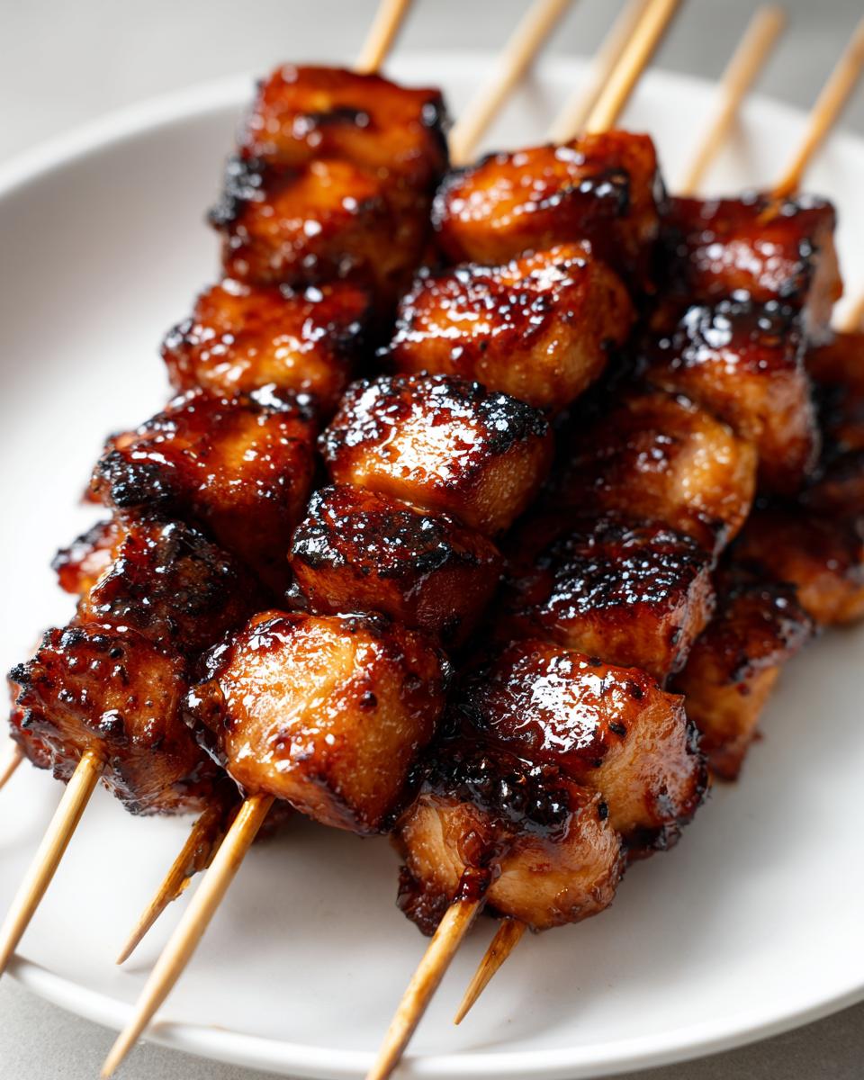 Close-up of several juicy honey garlic chicken skewers piled on a white plate, featuring a dark, sticky glaze.
