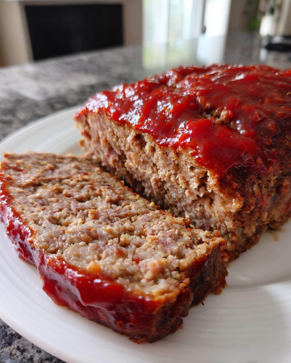 A close-up of a juicy meatloaf, topped with a thick red glaze, with one slice cut and resting next to the main loaf.