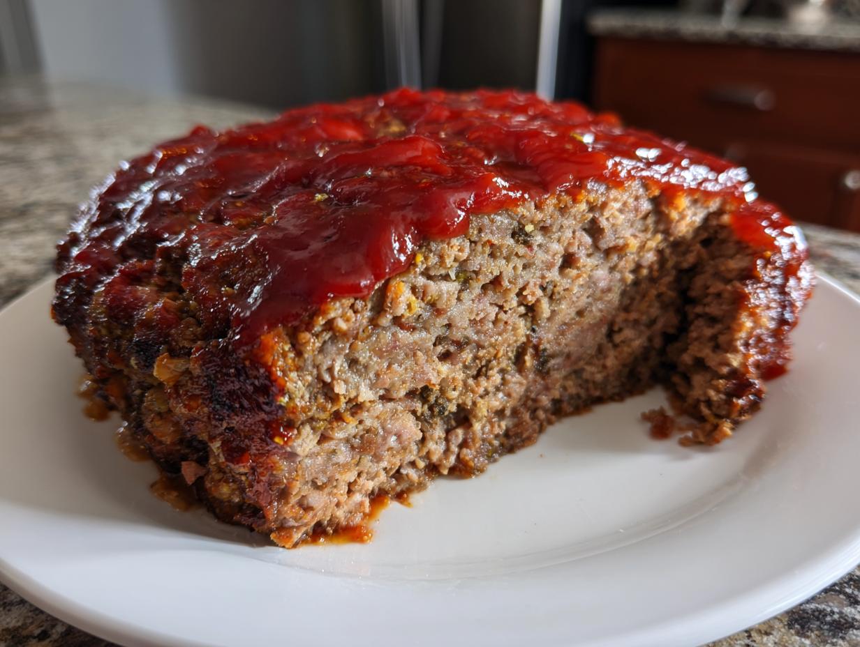 A freshly baked, juicy meatloaf with a thick, shiny red glaze, showing the moist interior texture.