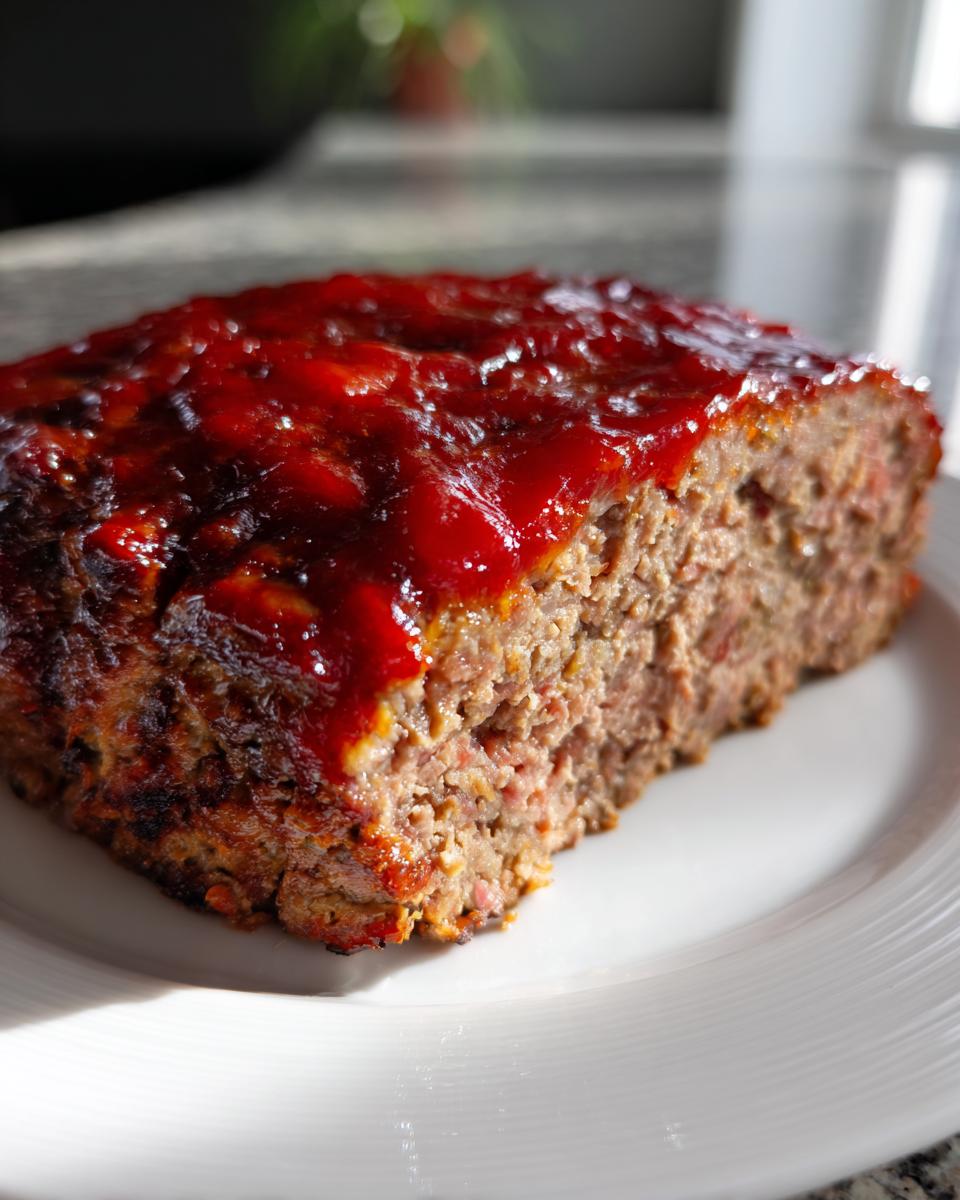 Close-up of a thick slice of juicy meatloaf topped with a bright red, glossy glaze.