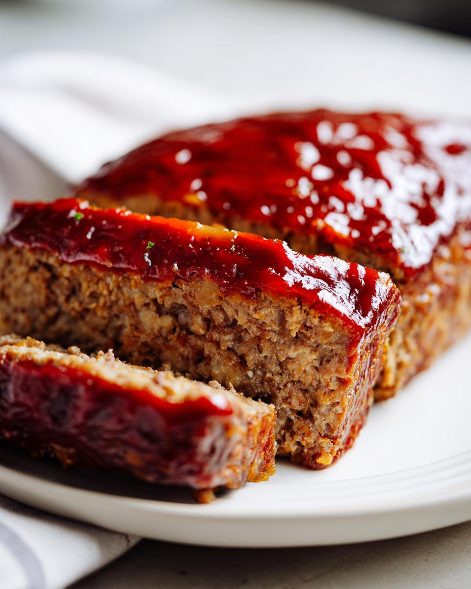 Close-up of sliced, juicy meatloaf topped with a thick, glossy red glaze, ready to serve.
