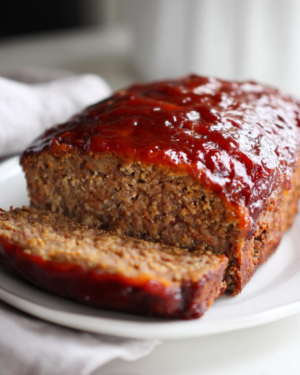 A close-up of a juicy meatloaf topped with a thick, glossy red glaze, with one slice partially cut and resting beside the loaf.