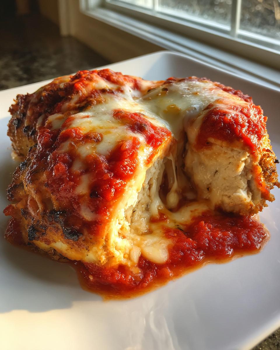 Close-up of a piece of keto chicken parmesan cut open, showing melted mozzarella cheese and rich tomato sauce.
