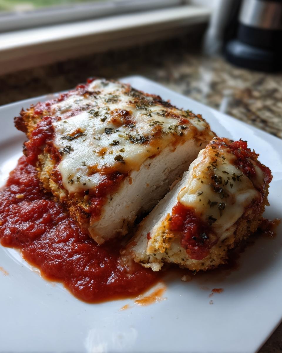 A thick slice of keto chicken parmesan, cut to show the white interior, topped with marinara sauce and melted mozzarella cheese.