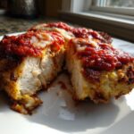 Close-up of keto chicken parmesan cut in half showing the thick, moist white chicken breast and crispy crust topped with marinara and melted cheese.