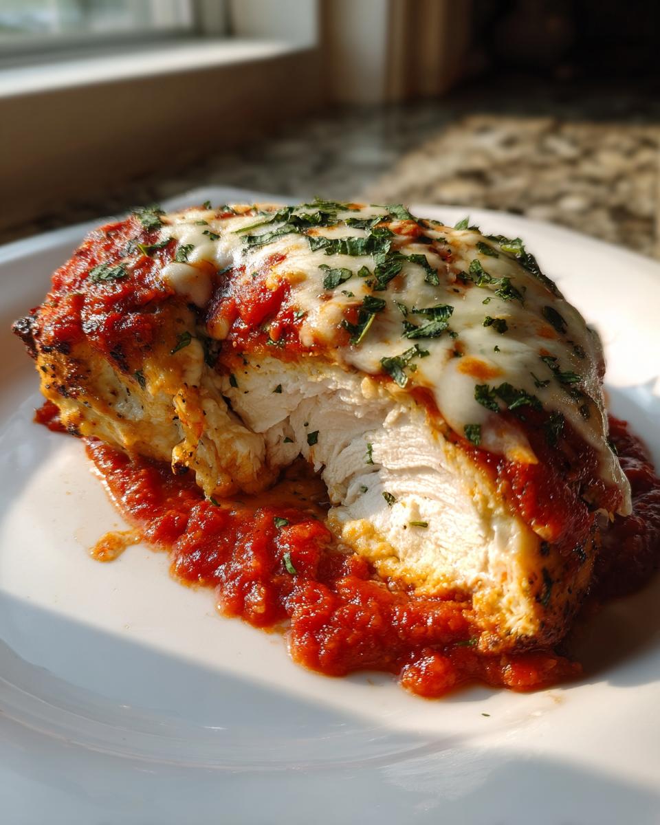 A juicy, cross-section view of keto chicken parmesan topped with marinara sauce, melted mozzarella, and parsley.