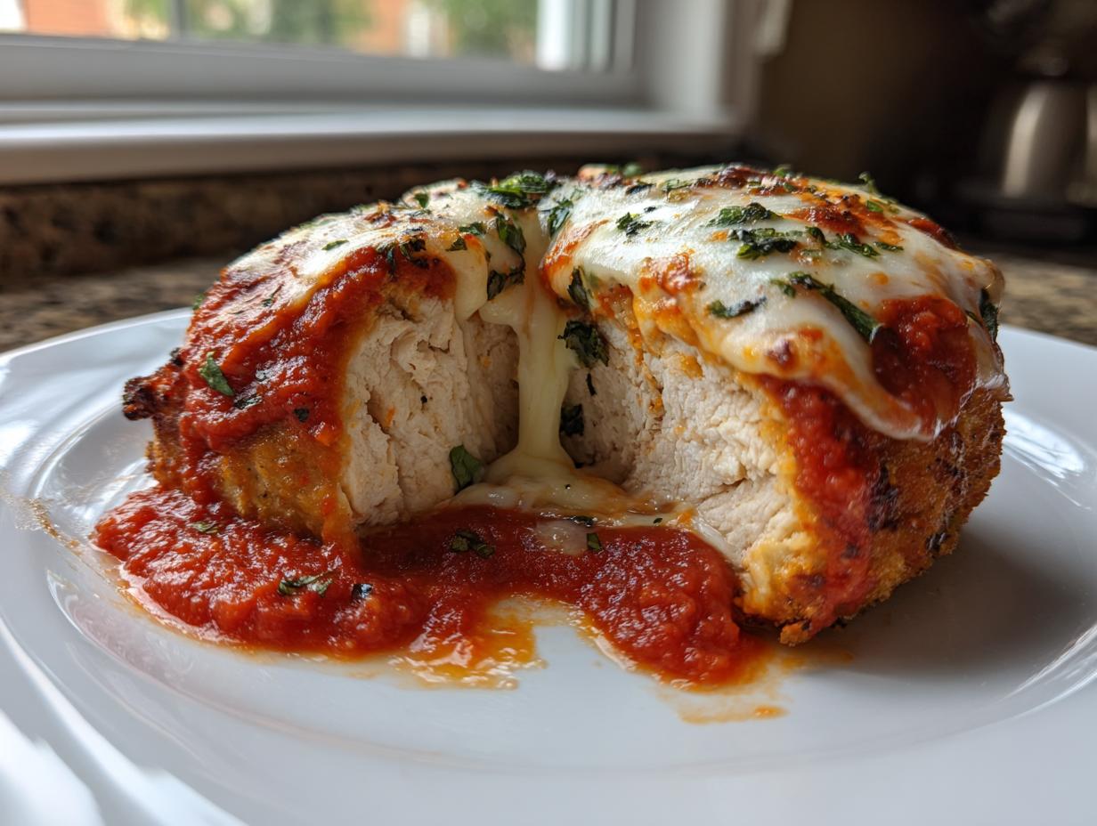 Cross-section of keto chicken parmesan showing juicy white chicken, melted mozzarella cheese pull, and marinara sauce.