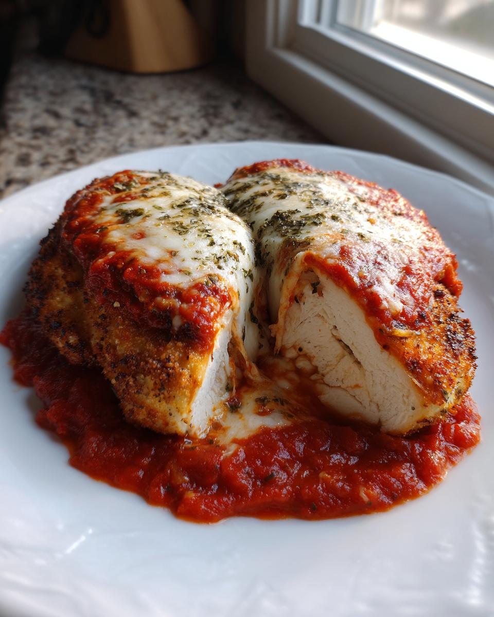 Cross-section view of a perfectly cooked keto chicken parmesan, showing melted mozzarella and marinara sauce.